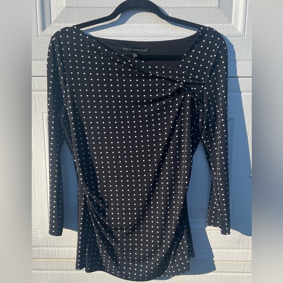 White House Black Market Asymmetrical Neckline Polka Dot Shirt - Picture 2 of 5